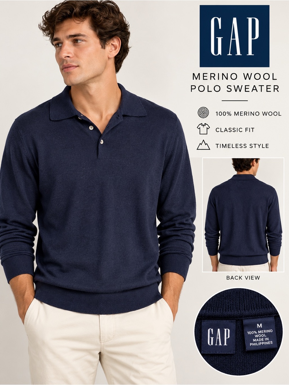 Vintage GAP Men’s Merino Wool Polo Sweater Navy Blue Size M 90s Preppy